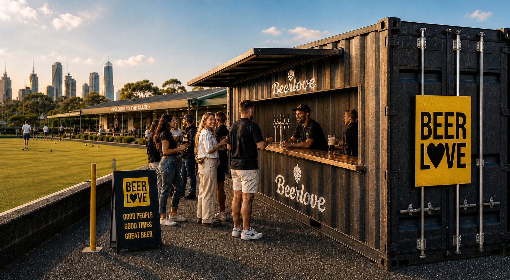 Beerlove container bar at a lawn bowls club
